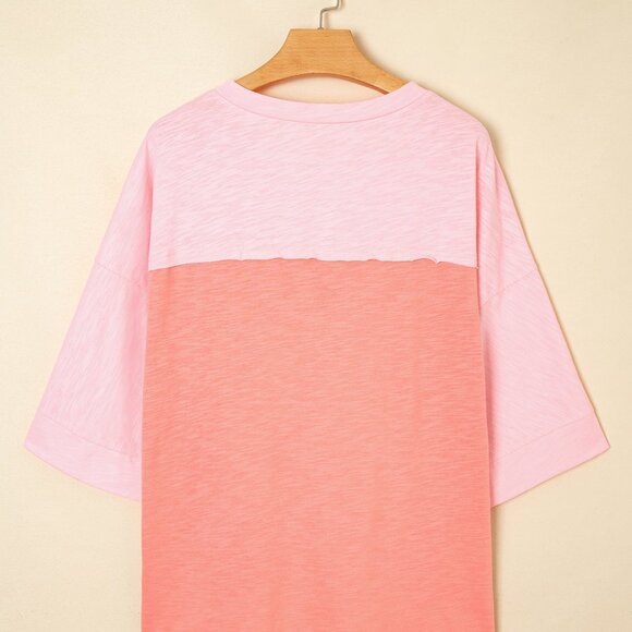 B295 Pink Flower Patched Exposed Seam 3/4 Sleeve Top - Picture 5 of 9